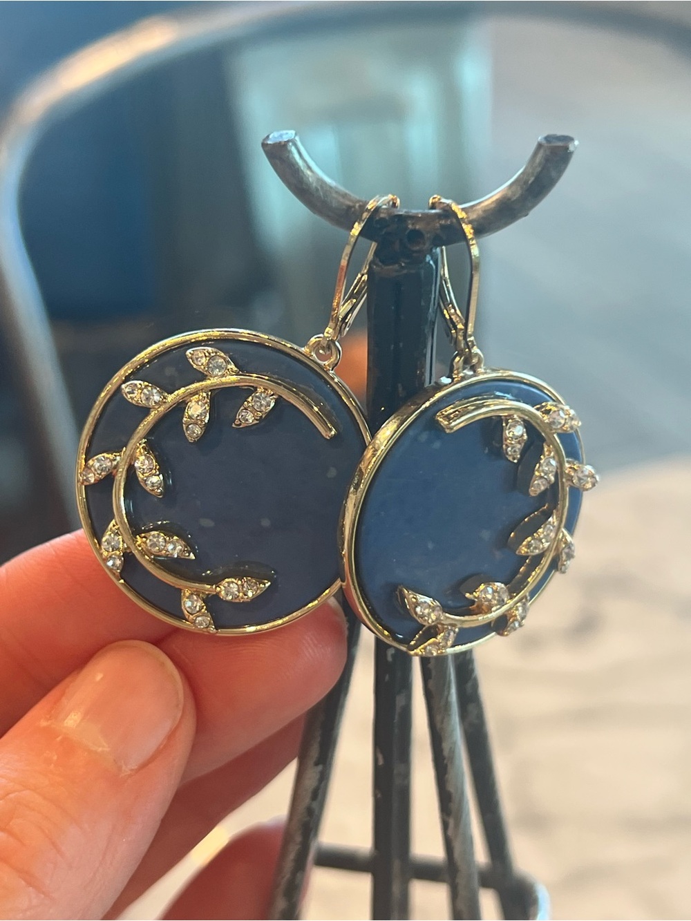 Gold-Plated Navy Blue Crystal Leaf Drop Earrings